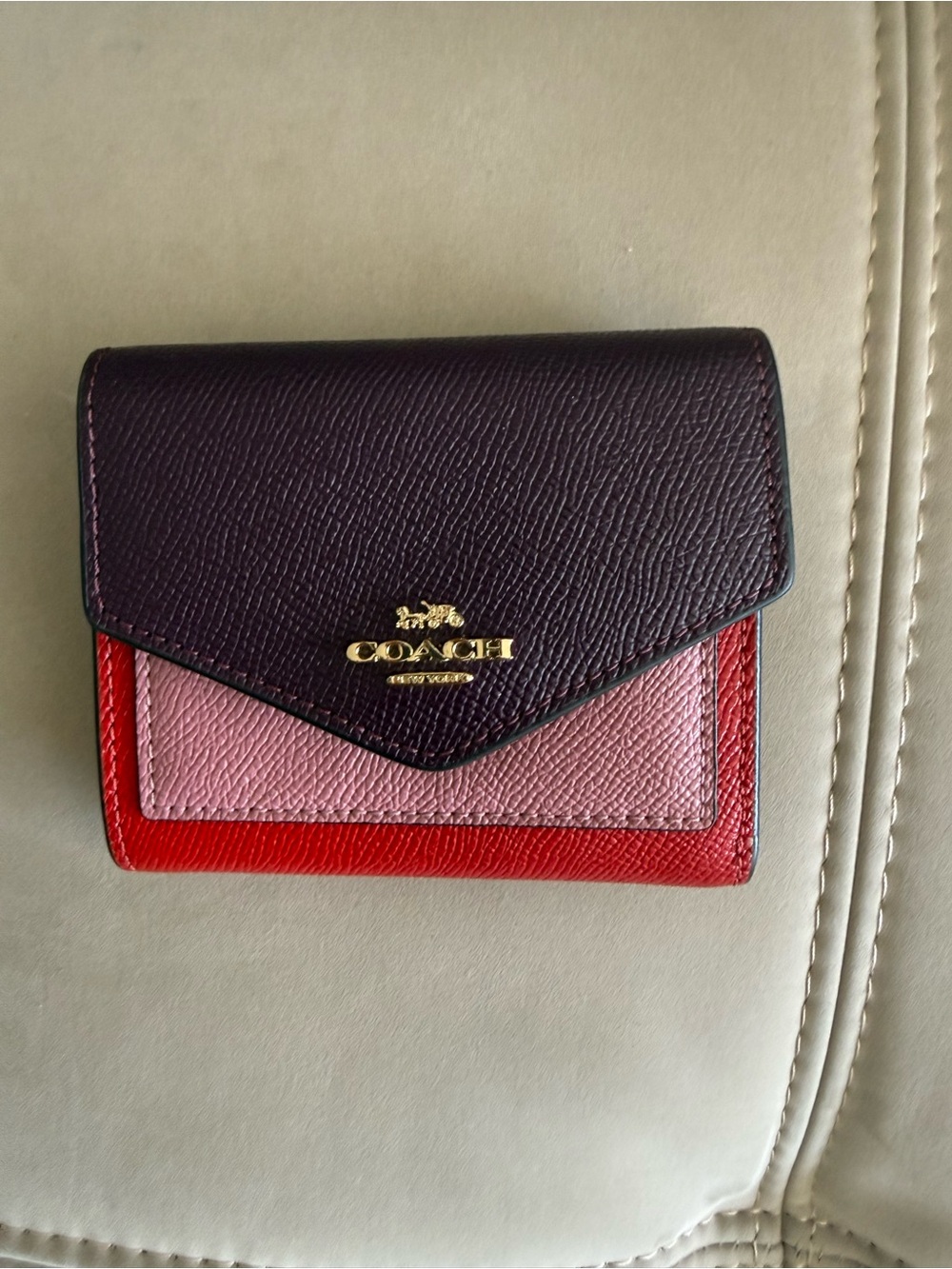 Coach Tri-Color Leather Small Wallet - Burgundy, Pink & Red